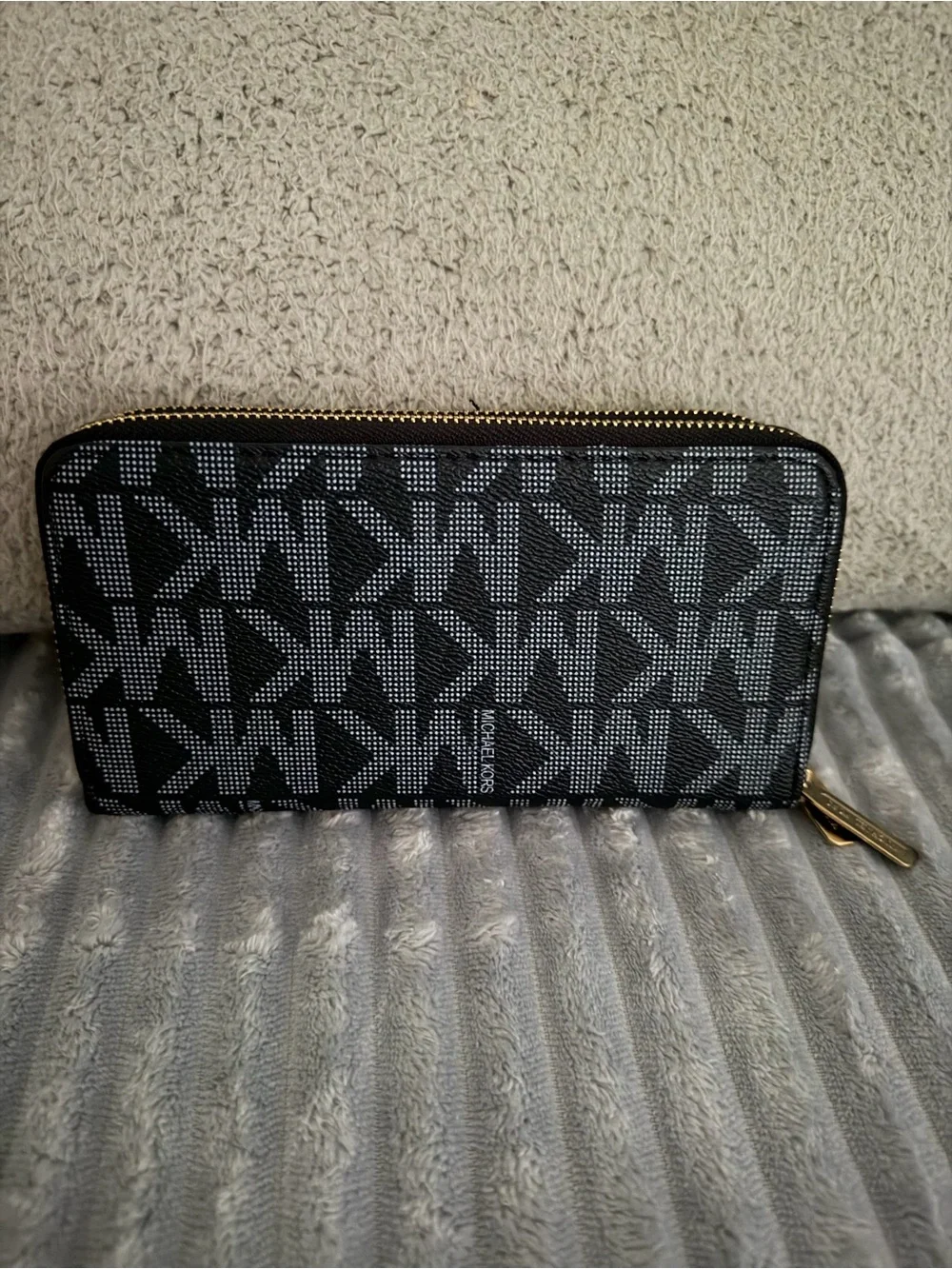Michael Kors Black MK Logo Zip Wallet with Gold Medallion